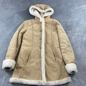 Marvin Richards Women's Tan Suede Sherpa Lined Hooded Winter Coat XS Chore Barn‎